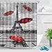 LB Paris Eiffel Tower Shower Curtain Raining Red Umbrella European French City Landscape Shower Curtain Fabric Bathroom Decor with Hooks,69 x 72 Inch