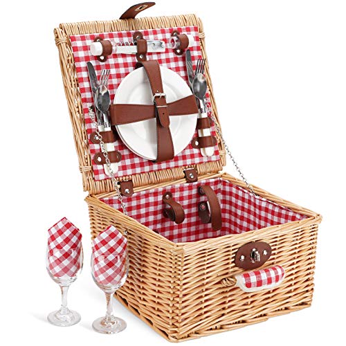 Picnic Basket for 2 Person, Durable Wicker Picnic Hamper Set, Willow Picnic Basket Accessories Plates and Utensils, Perfect Wedding, Anniversary or Birthday Gift (Red Check)