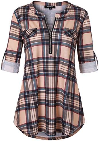 Women's Plaid Shirt 3/4 Roll Up Sleeve Zipper V Neck Casual Blouses Tunic Tops
