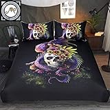 Sleepwish Flowery Skull by Sunima Bedding Set 3pcs Purple Black Dragon Skull Duvet Cover Gothic Bed Set for Men (King)