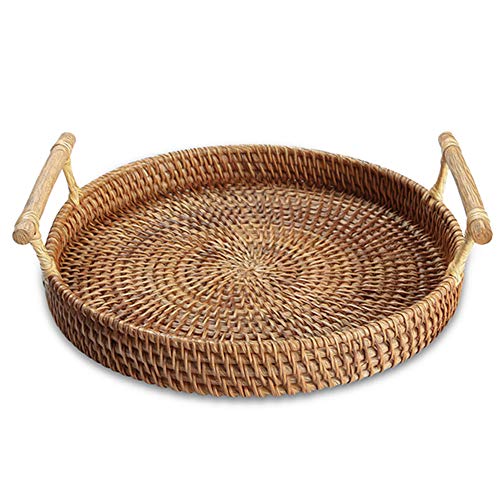 YIWEN Handmade Round Rattan Serving Tray with Handles Woven Baskets