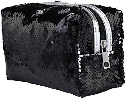 Sequin Cosmetic Bag Magic Sequins Makeup Pouch Color Changing Makeup Bags Reversible Sequins Handbag (Black)