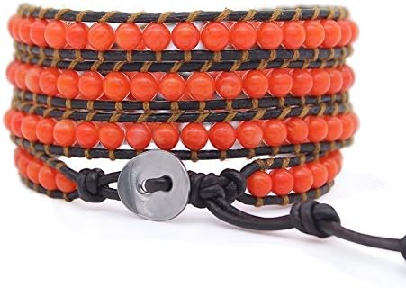 MOSNOS Handmade Adjustable Leather Orange Coral Wrap Bracelet Fits for 6.5-7.5 Inches Wrist