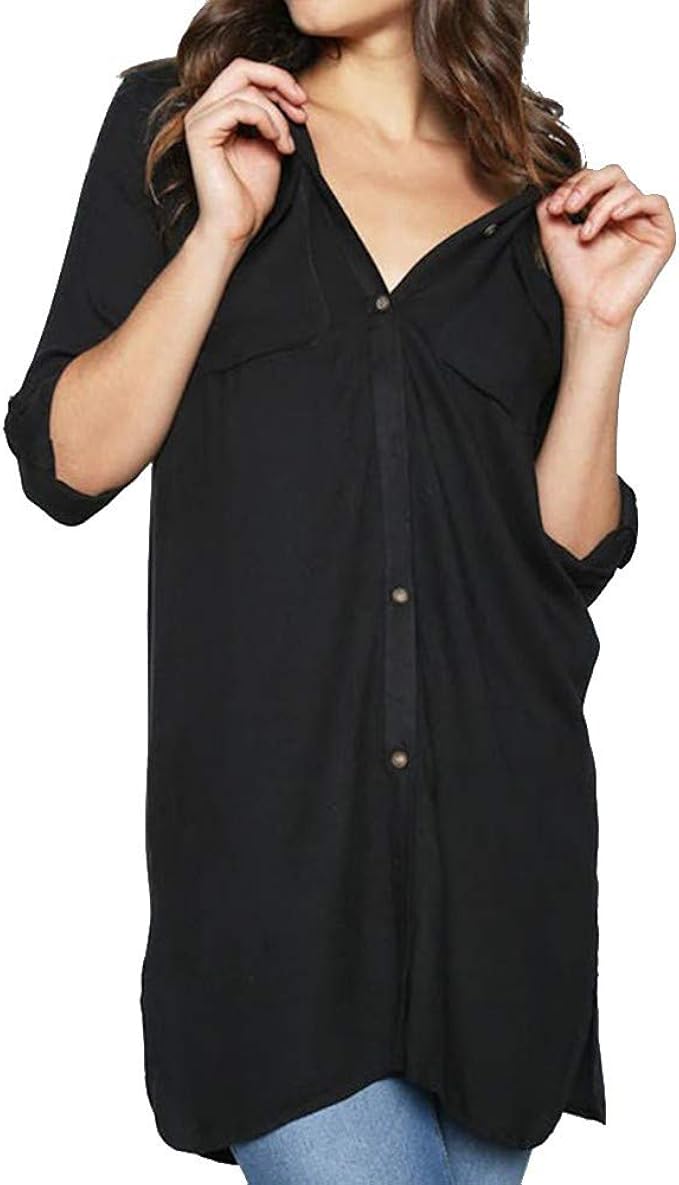 Button Down Shirts for Women Casual Solid Color Long Pocket Tops Casual