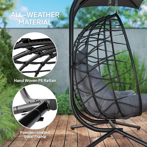 Outsunny Double Hanging Egg Chair with Canopy, Foldable Wicker Egg Swing Chair with Steel Stand, Cushion, Headrest, Indoor Outdoor Hammock Chair, 573lbs Capacity, Black