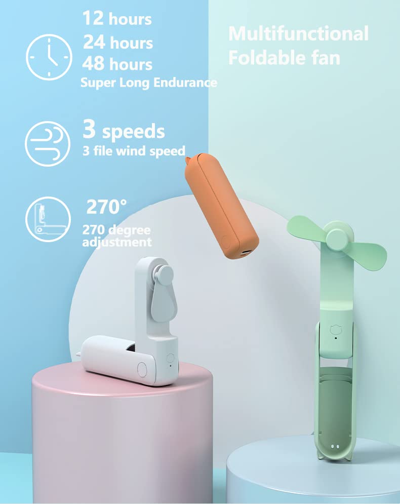 Portable Handheld Rechargeable Fan With Power Bank - 3 Speed Mini Personal Fan for Travel, Home, Office - Foldable USB Design for Women, Kids (White)