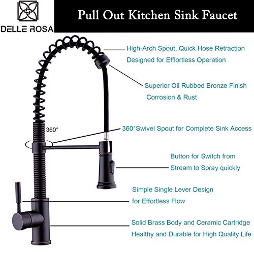 Kitchen Faucet with Pull Out Sprayer Delle Rosa Durable and Sturdy Single Handle 360 Degree Swivel High Arc Pre-rinse Spring Kitchen Sink Faucet Oil Rubbed Bronze