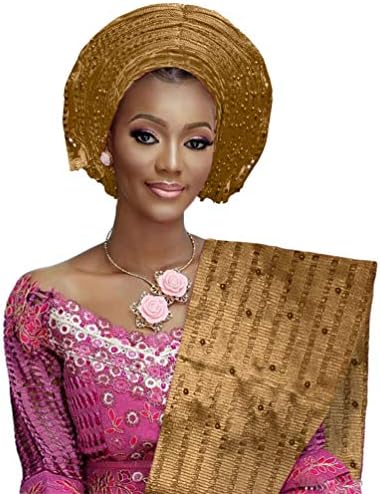 Auto Gele ASO Oke Headtie Women Traditional African Headwrap Gele with Matching Shoulder Beaded