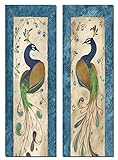 2 Blue Retro Peacock Pair Art Prints Green Purple Feathers Décor 6x18