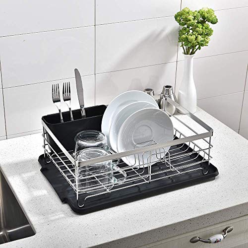 Premium Large Capacity Dish Storage Rack, Sink Dish Drainer Dinnerware Organizer with Drain Board (Silver)