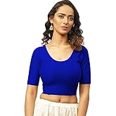 Fressia Fabrics Round Neck Pure Dobby Cotton Stretchable Elbow Sleeve Readymade Saree Blouse for Women Stylish (208_royalblue_4XL)