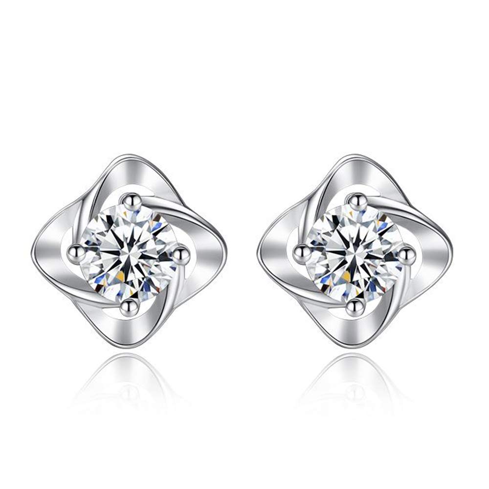 Zolkamery Silver Earrings for Women, 925 Sterling Silver Hollow Clover Stud Earrings with White Cubic Zircon, Silver Screw Back Stud Earrings, Hypoallergenic Jewelry Wedding Engagement Birthday Gift