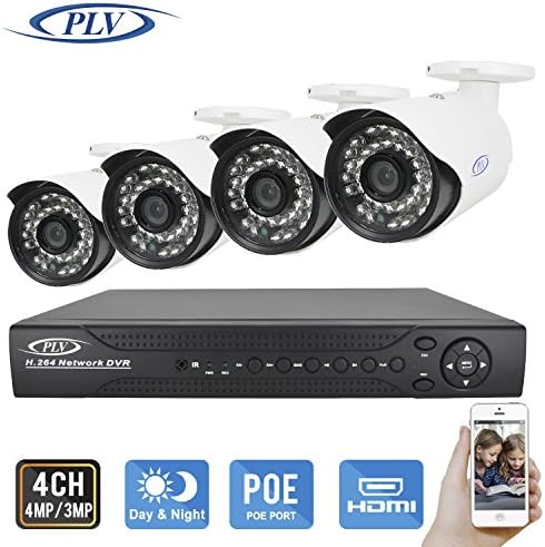 PLV 8 Channel NVR 3-Megapixel Security Camera System, 4pcs 3MP 4mm Wide Angle POE Weatherproof Bullet IP Cameras, 100ft Night Vision(NO HDD Included)