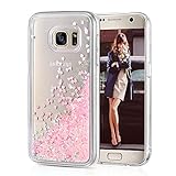Galaxy S7 Edge Case, Wuloo Samsung Galaxy S7 Edge Hard Case Fashion Creative Design Flowing Liquid Floating Luxury Bling Glitter Sparkle Love Heart Hard Case for Girls Children (Pink)