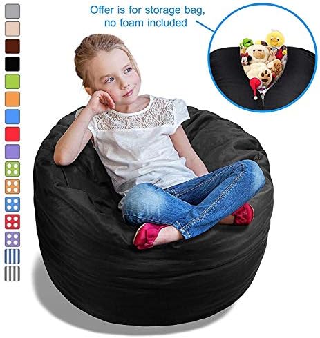 Stuffed Animal Bean Bag Storage Chair in Black - 2.5ft Large Fill & Chill Space Saving Toy Organizer for Children - for Blankets, Teddy Bears, Clothes & Bedding