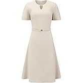 Hobemty Women's Cocktail A-Line Dress Choker V Neck Short Sleeve Belted Elegant Flare Dresses