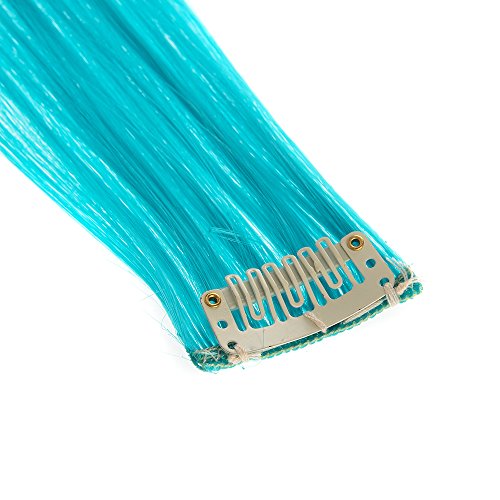 SWACC 12 Pcs Straight One Color Party Highlights Clip on in Hair Extensions Colored Hair Streak Synthetic Hairpieces (Teal Blue)