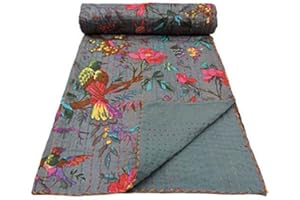 ShakDeco Indian Handmade Gray Bird Print Vintage Kantha Quilt Cotton Bedspread Bohemian Bedding Coverlet Throw Reversible Blanket, Twin Size (90x60 inch) Gray