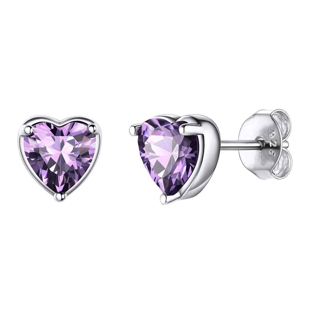 Suplight February Birthstone Earrings for Women Girls, Dainty Purple Amethyst Crystal Post Earrings 925 Sterling Silver Nickel Free Birthstone Earrings Small Heart Studs