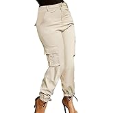Flamingals Skinny Cargo Pants for Women Mid Waist Casual Slim Fit Multi-Pocket Cargo Jogger Hiking Pants with 6 Pockets