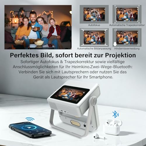 Proyector Inteligente Compatible 4K, Videoproyector Full HD 1080P con Pantalla Táctil, Doble Pantalla, 1200 ANSI, Enfoque Automático, WiFi 6 Bluetooth, 1000+ Apps, para Cine en Casa Dormitorio Camping