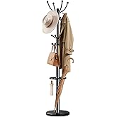 Pipishell Metal Heavy Duty Coat Rack with Sturdy Marble Base, Coat Tree with 16 Hooks &amp; Detachable Umbrella Holder,Coat Rack Freestanding for Entryway, Corner, Bedroom and Home Office, Black