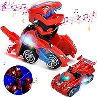 BFYWB Dinosaur Cars Transforming Toys, Christmas Birthday Gifts for 3-12 Year Old Boys Girls Toddlers Kids, Transforming Deformation Electric Dinosour LED Car with Light Sound Kids Toy (One red)
