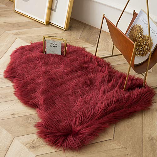 Ashler Ultra Soft Fluffy Area Rug Faux Fur Sheepskin Carpet Chair Couch Cover for Bedroom Floor Sofa Living Room, Dark Red 2 x 3 Feet