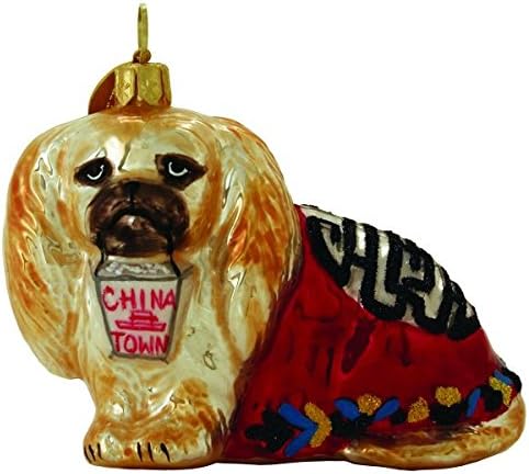 Michael Storrings Pekingese Dog "Dumpling" with Chinese Take-Out Box Polish Glass Christmas Ornament