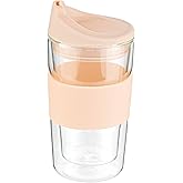 Restaurantware Glass Travel Mug 1 Count 12 Ounce Double Wall Borosilicate Reusable Coffee Cup, Spill-Resistant Tan Silicone Lid, Clear Drinkware Mug for Hot and Cold Beverages