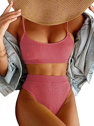 Photo 1 of Lilosy High Waisted Tummy Control Bikini Ribbed Sporty Brazilian Swimsuit Set Women Highwaisted Cheeky Cut Leg Rise Bottom Crop Push Up Top 2 Piece Bathing Suit Dark Pink Medium