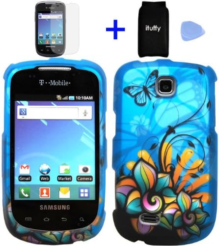 (4 items Combo: Accessories Pouch, Screen Protector Film, Case Opener, Graphic Case) Blue Butterfly Orange Pink Green Color Daisy Flower Design Rubberized Snap on Hard Cover Protector Shell Faceplate Skin Case for T-Mobile Samsung Dart T499 / TASS T-499