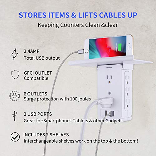 Wall Multi Plug Outlet Rack6 Port Surge Protector , 2 USB Charging Shelf & Removable Builtin