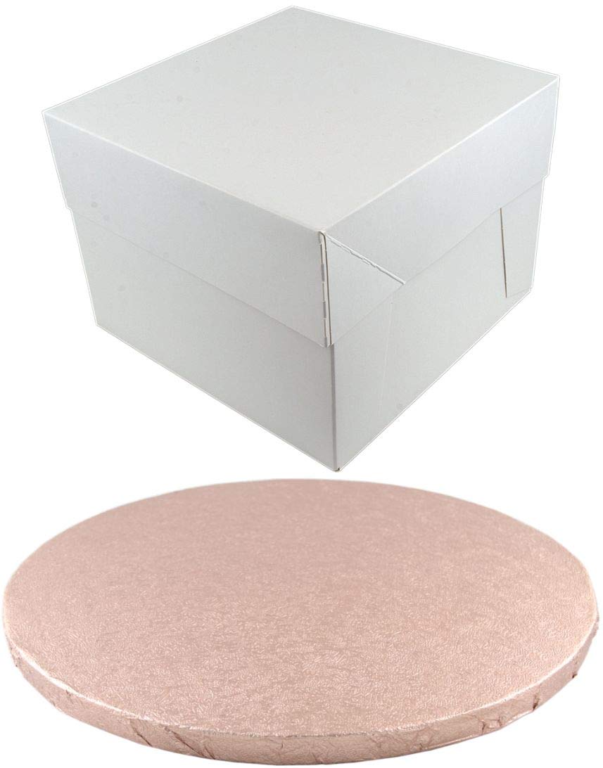 Doric ROUND COLOURED Drum cake BOARD and white transporting BOX (8 Inch, Rose Gold)