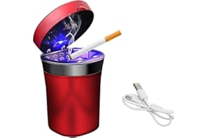 Sylvil Car Ashtray, Auto Ashtray with Cigar Electronic Lighter Solar Powered/USB Rechargeable, Smokeless Ash Tray with Lid & LED Blue Light, Universal Interior Car Accessories (Red)