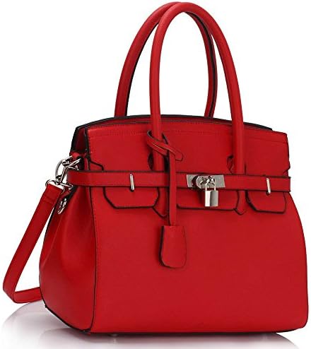Womens Designer Faux Leather Plain and Ostrich PadLock Tote Shoulder Bags Handbags Sale (Red Padlock Tote Bag)