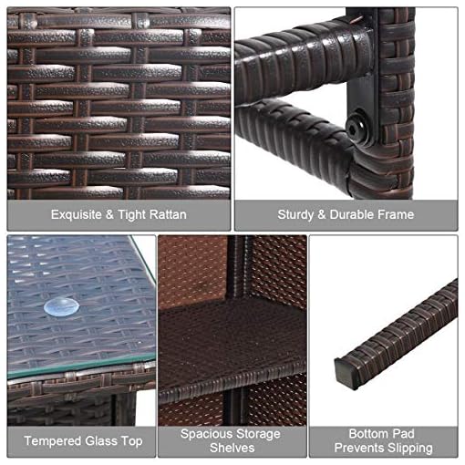 Tangkula Patio Bar Set, 3 Piece Outdoor Rattan Wicker Bar Set with 2 Cushions Stools & Glass Top