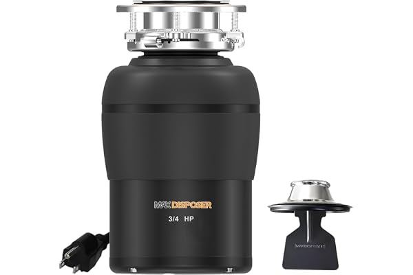 MAX DISPOSER Garbage Disposal 3/4 HP for Kitchen Sink Quiet with Stopper Power Cord, Easy Install, Continuous Feed Food Waste