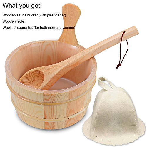 Wooden Sauna Bucket with Ladle and Sauna Hat- Handmade 4 Liter (1 Gallon) Wooden Sauna Bucket with Wooden Ladle and Free Size Wool Sauna Hat - Thumbnail 5