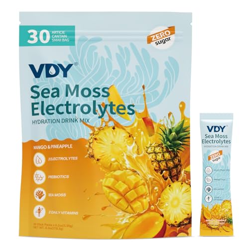 VDY Sea Moss Electrolytes Powder Packets - Hydration Packets Sugar Free - Electrolyte Packets with 30 Sticks - Zero Sugar & 0 Calorie - Keto Friendly - Gluten Free Drink Mix - Mango Pineapple