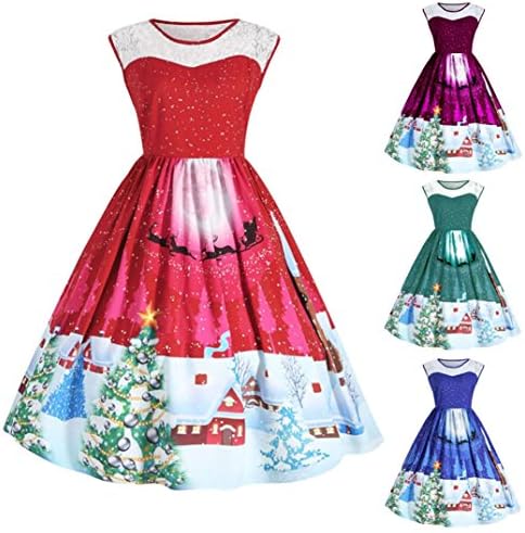 Womens Dress, Gillberry Women Christmas Print Lace Pin Up Swing Lace Party Panel Plus Size Dress (XL, Green)
