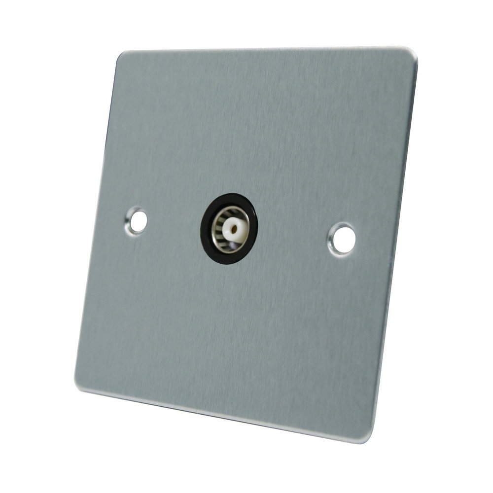 AET FSC1GTVBL 1-Gang Satin Chrome Flat Aerial Coaxial Female TV Socket with Black Insert Switch