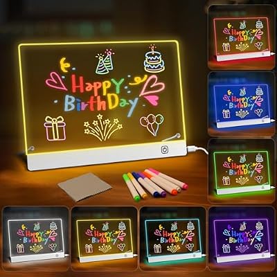 Quadro de Acrílico Luminoso com Mensagem LED 30x20cm, Quadro de Notas Acrílico com Caneta de 7 cores, Suporte Ajustável, Quadro de Mensagens LED, Quadro de Notas LED Limpável, para Crianças e Adultos