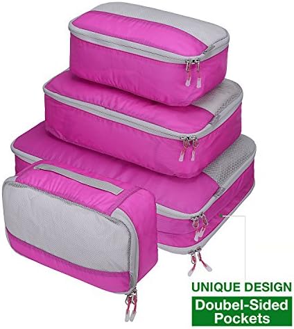 Ultra Lightweight Packing Organizer Packing Cube Set 4pc Double-Sided 5 Pockets, MOOITEK (Pink)