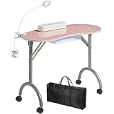 CHAOEEMY Portable Nail Desk,Foldable Manicure Table,Pink | Professional Nail Technician Desk Workstation,Nail Table ,LED Light,4 Lockable Wheels,Wrist Rest,Beauty,Home,Salon,Pink