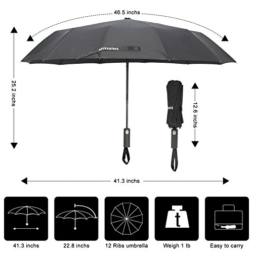 Miserwe Umbrella 12 Ribs with Teflon Coating Umbrella Windproof Lengthened Handle Travel Umbrella with Auto Open Close Button and Free Upscale Leather Cover (Black) - Thumbnail 7