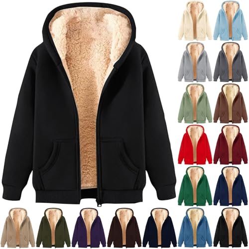 Angxiwan fleece hoodie women Winter Jackets for Women uk Warm Sherpa Fleece Lined Zip up Hoodie With Pockets Women's Teddy Hoodies Overzied Long Sleeve Coats fluffy jacket A Black
