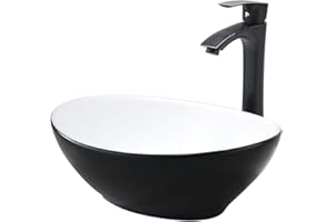 Oval Bathroom Sink And Faucet Combo-VASOYO 16"x13" Matte Black Above Counter Bathroom Vessel Sink Oval Porcelain Ceramic Bathroom Vessel Vanity Sink Set, Faucet And Pop-Up Drain Combo