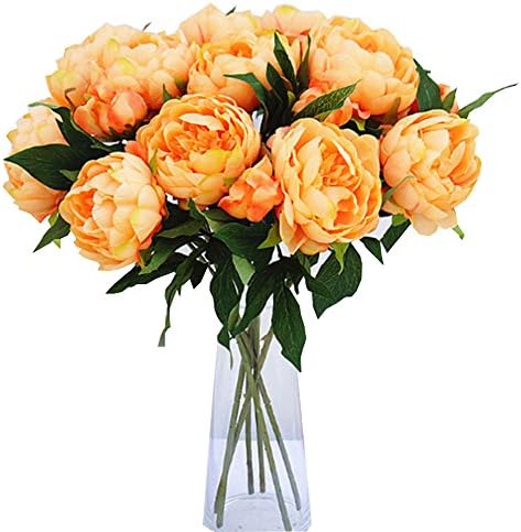Yesier 3 Head Plastic Artificial Flowers Orange Peony Fake Silk Flowers Home Decorative Party Wedding