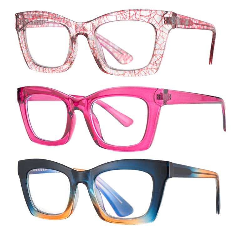 bullabulling Oprah Style Federring-Reader, Blau, Computerblockierung, quadratische Lesebrille für Damen und Herren, 3er-Pack, Linie/Rosa/Teeblau, 47mm